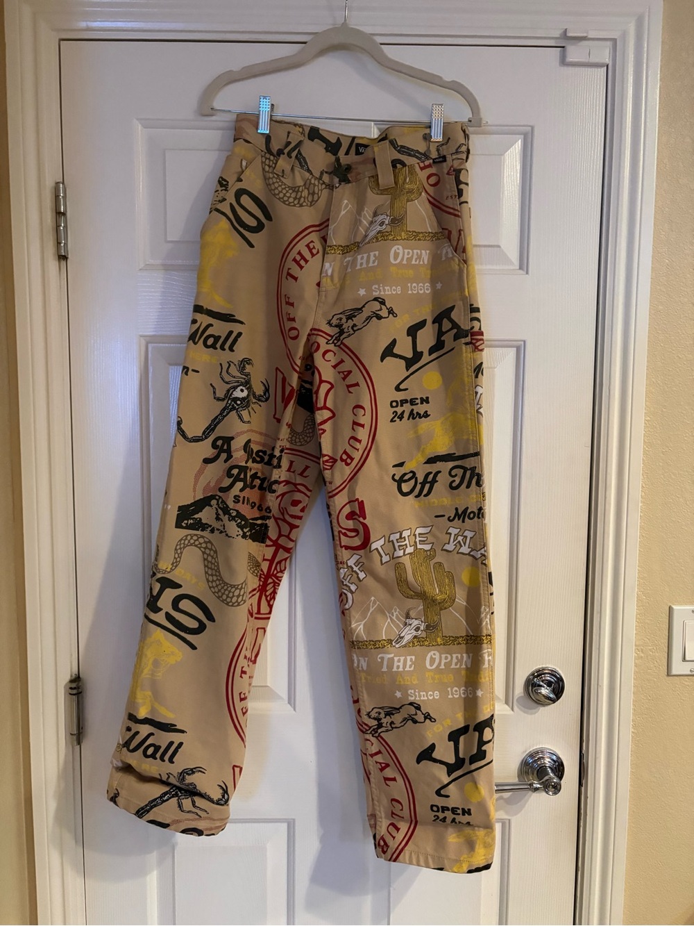 Vans Men’s Beige Cargo Pants with Red & Yellow Graphic Print